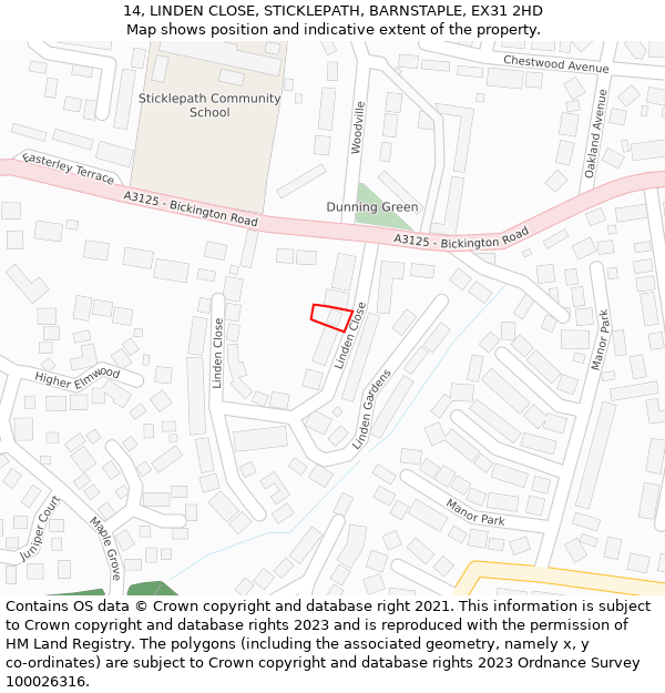 14, LINDEN CLOSE, STICKLEPATH, BARNSTAPLE, EX31 2HD: Location map and indicative extent of plot