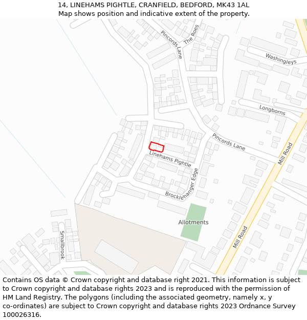 14, LINEHAMS PIGHTLE, CRANFIELD, BEDFORD, MK43 1AL: Location map and indicative extent of plot