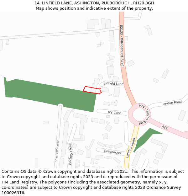 14, LINFIELD LANE, ASHINGTON, PULBOROUGH, RH20 3GH: Location map and indicative extent of plot