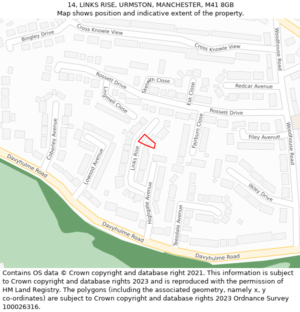 14, LINKS RISE, URMSTON, MANCHESTER, M41 8GB: Location map and indicative extent of plot