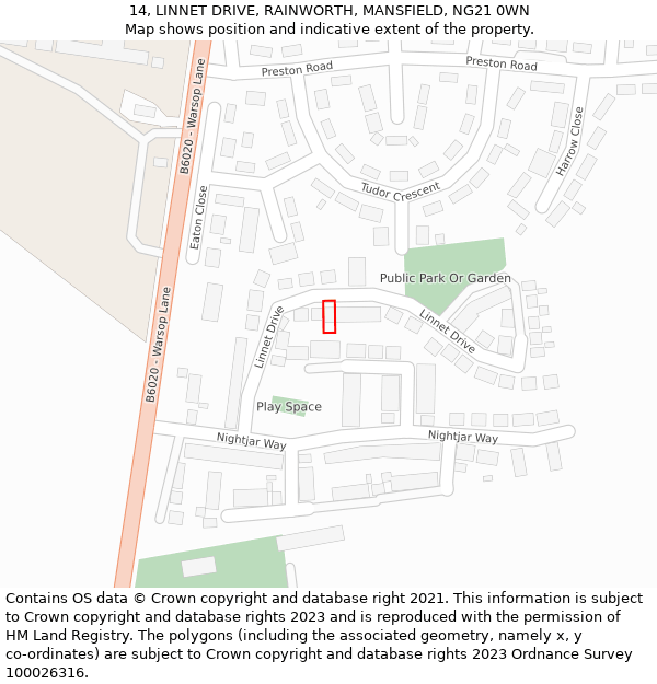 14, LINNET DRIVE, RAINWORTH, MANSFIELD, NG21 0WN: Location map and indicative extent of plot