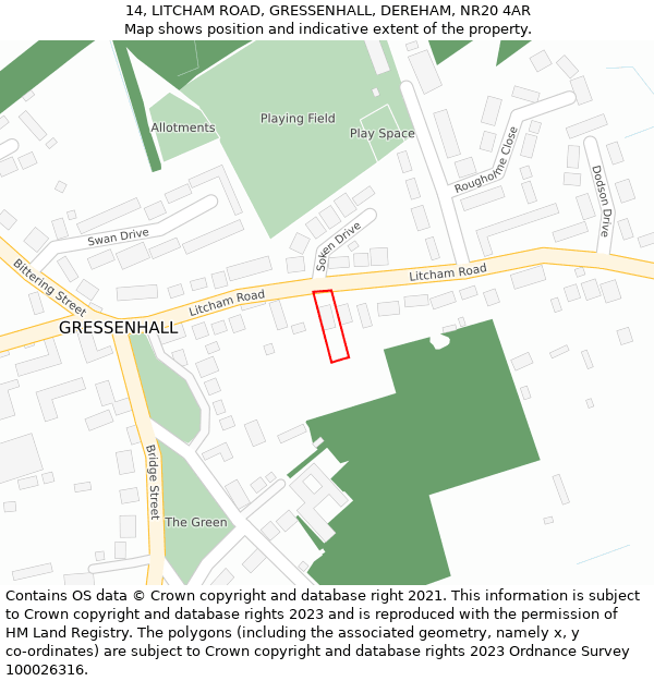 14, LITCHAM ROAD, GRESSENHALL, DEREHAM, NR20 4AR: Location map and indicative extent of plot