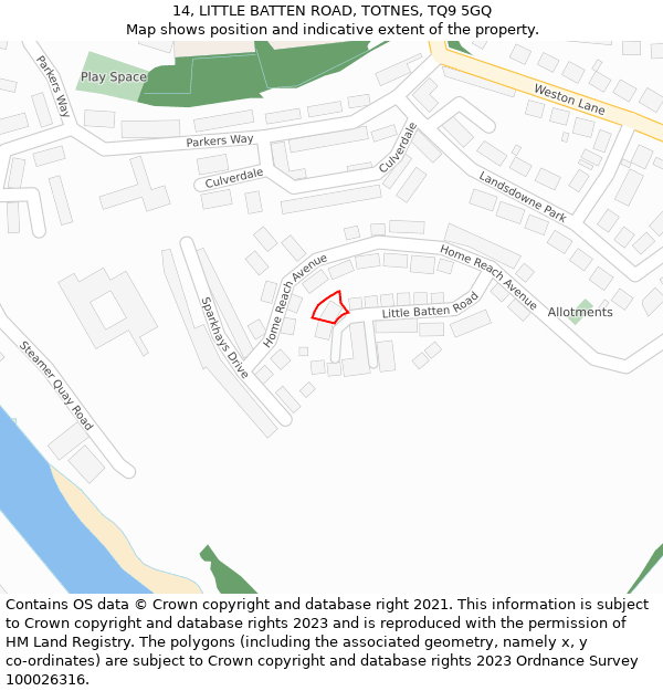14, LITTLE BATTEN ROAD, TOTNES, TQ9 5GQ: Location map and indicative extent of plot