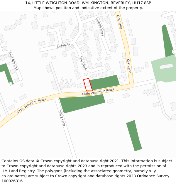 14, LITTLE WEIGHTON ROAD, WALKINGTON, BEVERLEY, HU17 8SP: Location map and indicative extent of plot