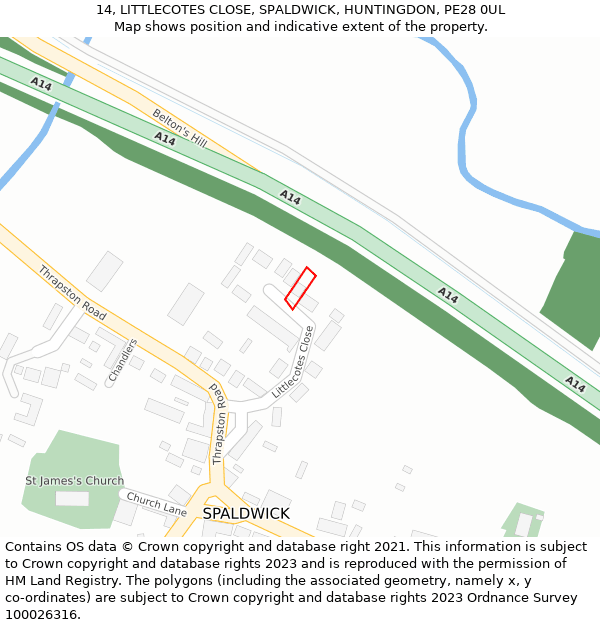 14, LITTLECOTES CLOSE, SPALDWICK, HUNTINGDON, PE28 0UL: Location map and indicative extent of plot