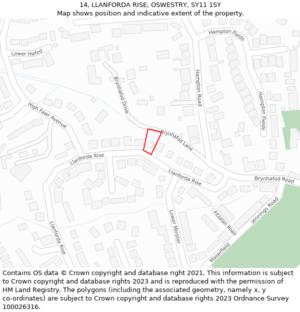 14, LLANFORDA RISE, OSWESTRY, SY11 1SY: Location map and indicative extent of plot