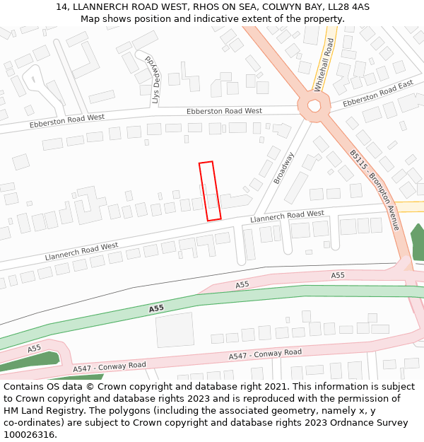 14, LLANNERCH ROAD WEST, RHOS ON SEA, COLWYN BAY, LL28 4AS: Location map and indicative extent of plot