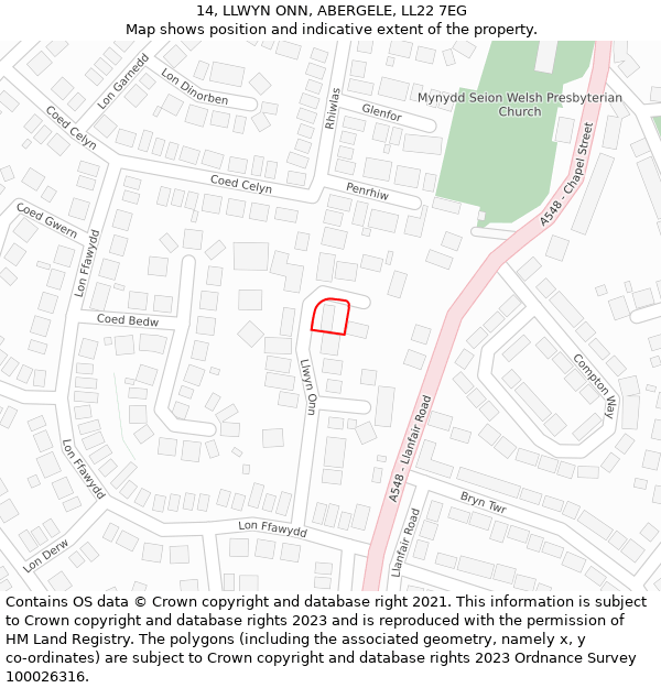 14, LLWYN ONN, ABERGELE, LL22 7EG: Location map and indicative extent of plot