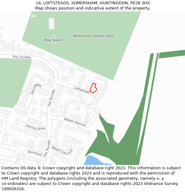 14, LOFTSTEADS, SOMERSHAM, HUNTINGDON, PE28 3HX: Location map and indicative extent of plot