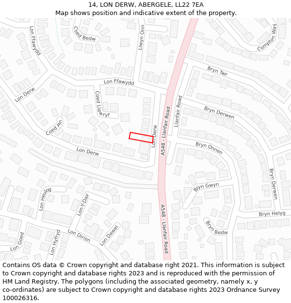14, LON DERW, ABERGELE, LL22 7EA: Location map and indicative extent of plot