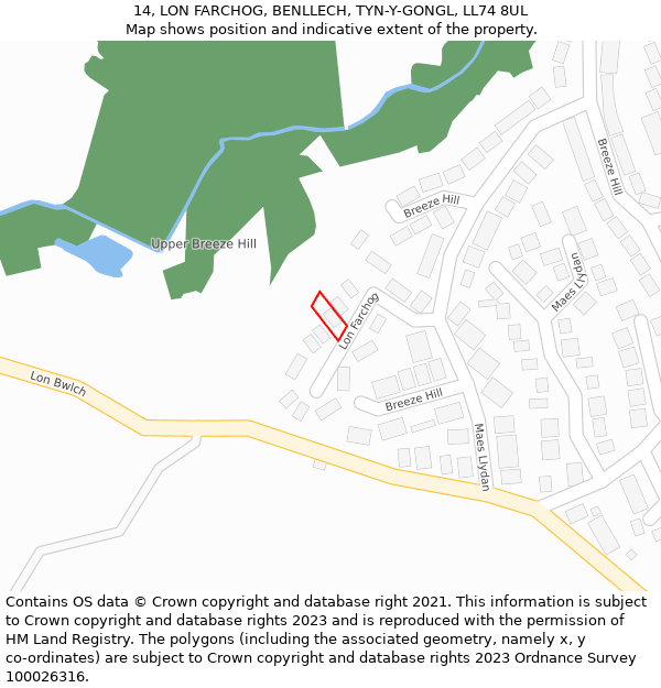 14, LON FARCHOG, BENLLECH, TYN-Y-GONGL, LL74 8UL: Location map and indicative extent of plot