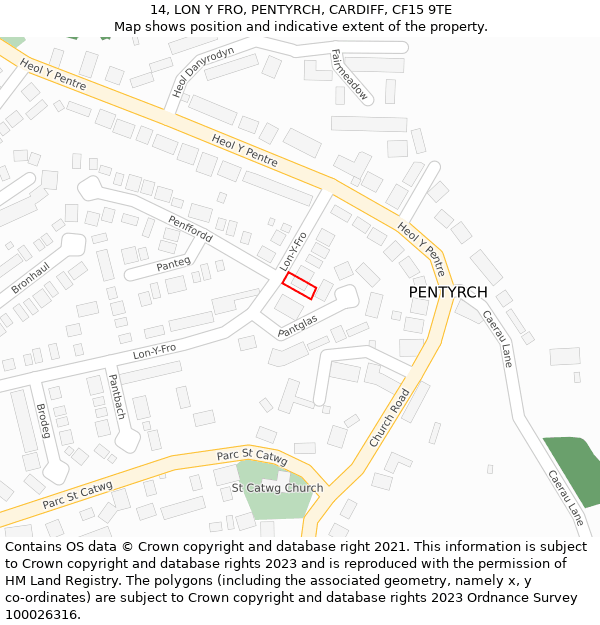 14, LON Y FRO, PENTYRCH, CARDIFF, CF15 9TE: Location map and indicative extent of plot