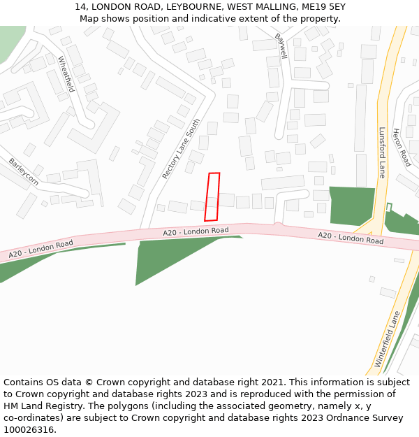 14, LONDON ROAD, LEYBOURNE, WEST MALLING, ME19 5EY: Location map and indicative extent of plot