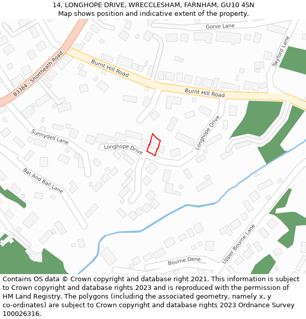 14, LONGHOPE DRIVE, WRECCLESHAM, FARNHAM, GU10 4SN: Location map and indicative extent of plot