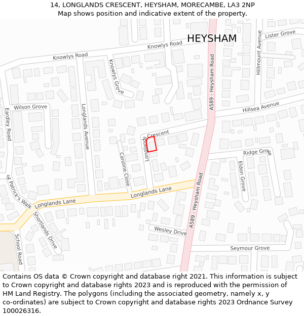 14, LONGLANDS CRESCENT, HEYSHAM, MORECAMBE, LA3 2NP: Location map and indicative extent of plot