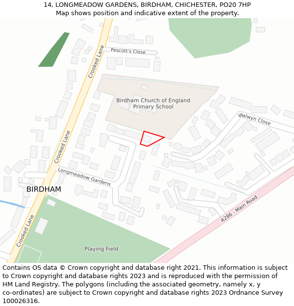 14, LONGMEADOW GARDENS, BIRDHAM, CHICHESTER, PO20 7HP: Location map and indicative extent of plot