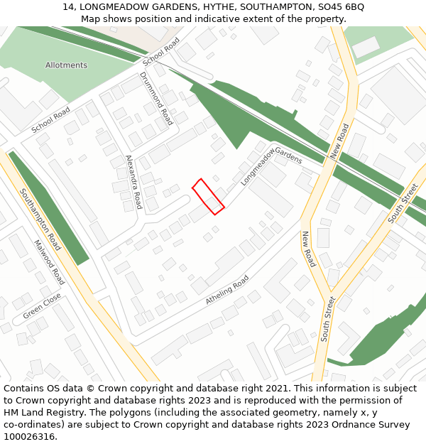 14, LONGMEADOW GARDENS, HYTHE, SOUTHAMPTON, SO45 6BQ: Location map and indicative extent of plot