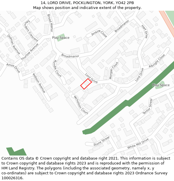 14, LORD DRIVE, POCKLINGTON, YORK, YO42 2PB: Location map and indicative extent of plot