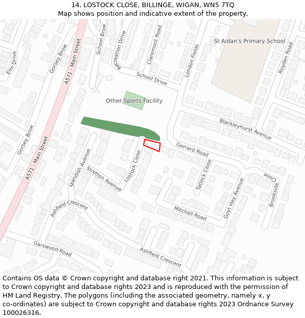 14, LOSTOCK CLOSE, BILLINGE, WIGAN, WN5 7TQ: Location map and indicative extent of plot