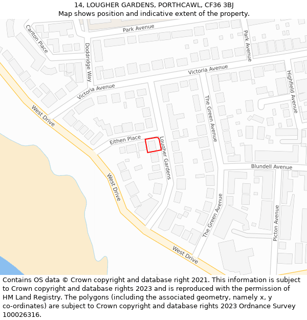 14, LOUGHER GARDENS, PORTHCAWL, CF36 3BJ: Location map and indicative extent of plot