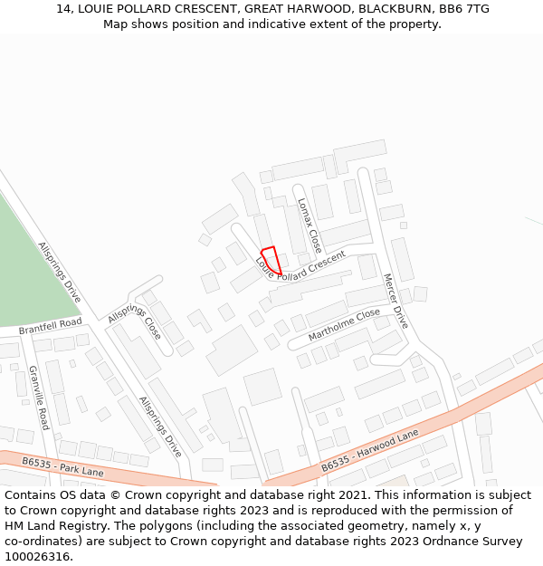 14, LOUIE POLLARD CRESCENT, GREAT HARWOOD, BLACKBURN, BB6 7TG: Location map and indicative extent of plot