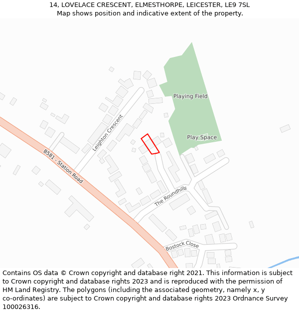 14, LOVELACE CRESCENT, ELMESTHORPE, LEICESTER, LE9 7SL: Location map and indicative extent of plot