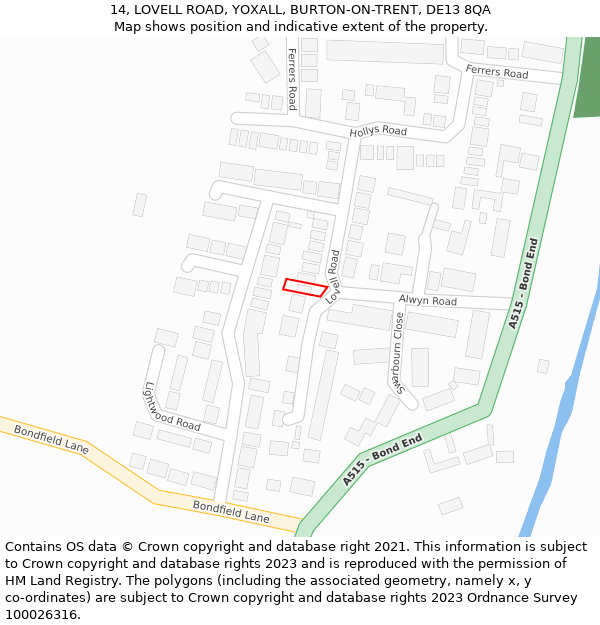 14, LOVELL ROAD, YOXALL, BURTON-ON-TRENT, DE13 8QA: Location map and indicative extent of plot