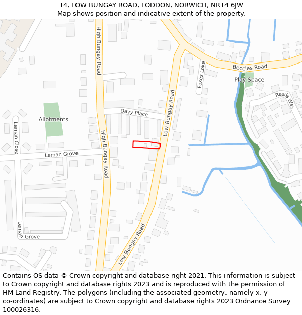 14, LOW BUNGAY ROAD, LODDON, NORWICH, NR14 6JW: Location map and indicative extent of plot