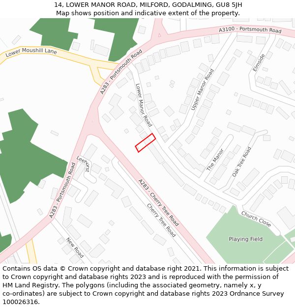 14, LOWER MANOR ROAD, MILFORD, GODALMING, GU8 5JH: Location map and indicative extent of plot