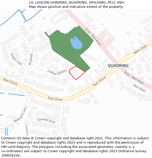 14, LUDLOW GARDENS, QUADRING, SPALDING, PE11 4QH: Location map and indicative extent of plot