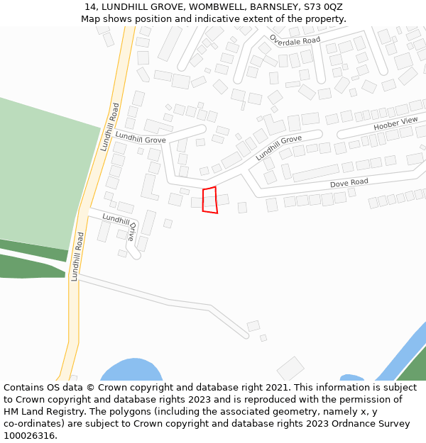 14, LUNDHILL GROVE, WOMBWELL, BARNSLEY, S73 0QZ: Location map and indicative extent of plot