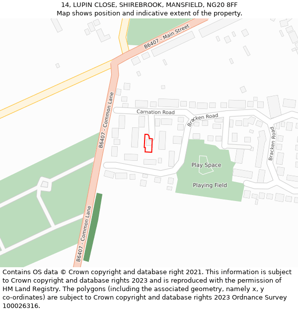 14, LUPIN CLOSE, SHIREBROOK, MANSFIELD, NG20 8FF: Location map and indicative extent of plot