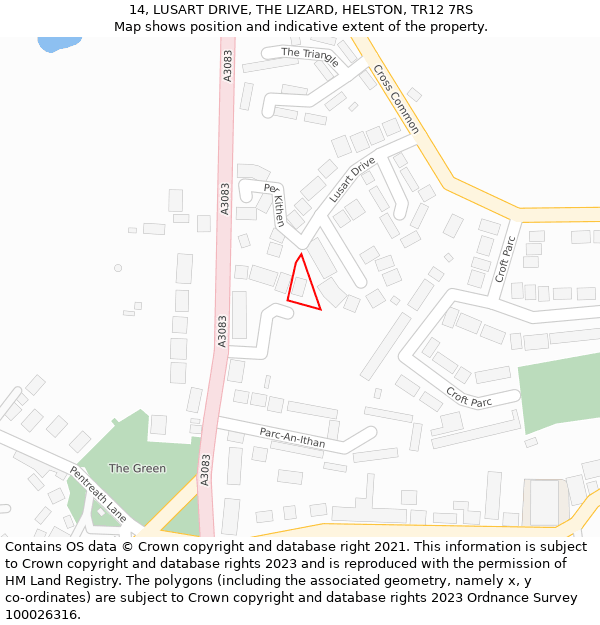 14, LUSART DRIVE, THE LIZARD, HELSTON, TR12 7RS: Location map and indicative extent of plot