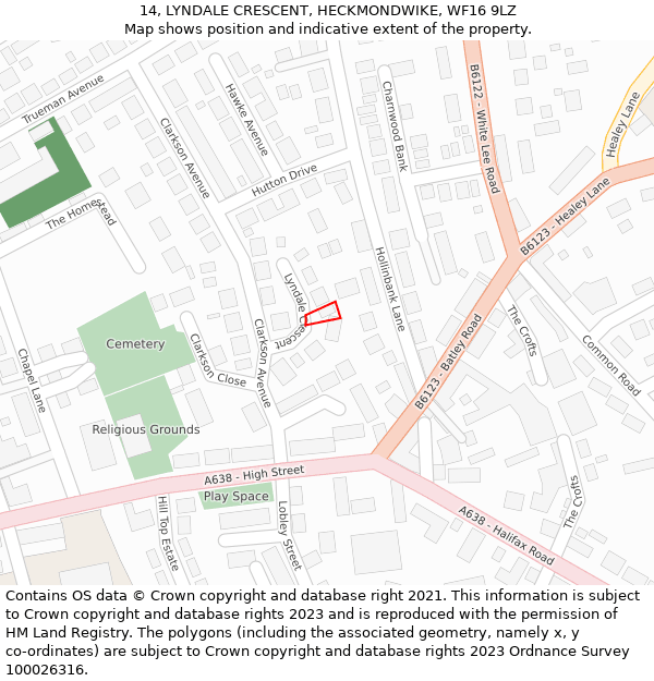 14, LYNDALE CRESCENT, HECKMONDWIKE, WF16 9LZ: Location map and indicative extent of plot