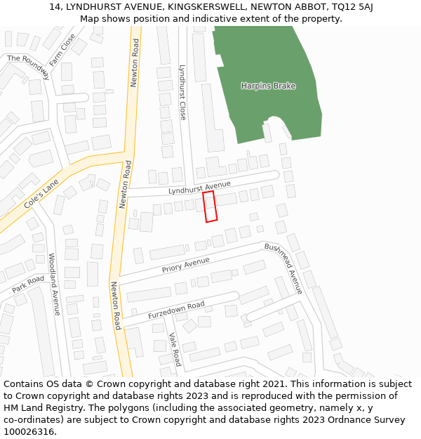 14, LYNDHURST AVENUE, KINGSKERSWELL, NEWTON ABBOT, TQ12 5AJ: Location map and indicative extent of plot