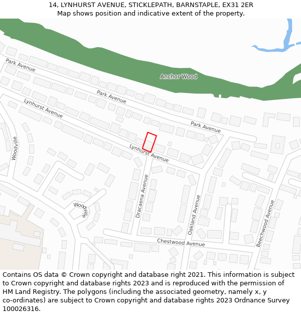 14, LYNHURST AVENUE, STICKLEPATH, BARNSTAPLE, EX31 2ER: Location map and indicative extent of plot