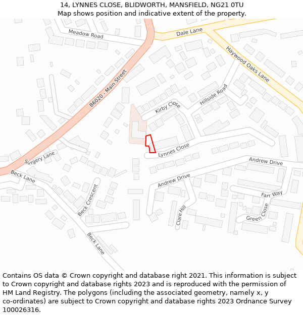 14, LYNNES CLOSE, BLIDWORTH, MANSFIELD, NG21 0TU: Location map and indicative extent of plot