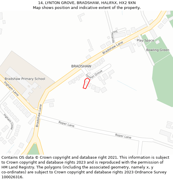 14, LYNTON GROVE, BRADSHAW, HALIFAX, HX2 9XN: Location map and indicative extent of plot