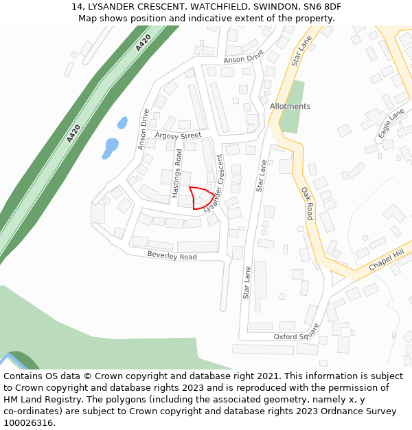 14, LYSANDER CRESCENT, WATCHFIELD, SWINDON, SN6 8DF: Location map and indicative extent of plot