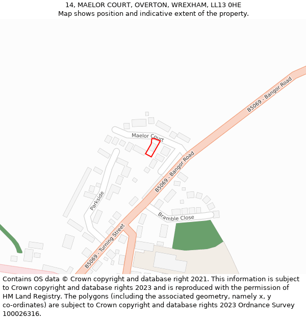 14, MAELOR COURT, OVERTON, WREXHAM, LL13 0HE: Location map and indicative extent of plot