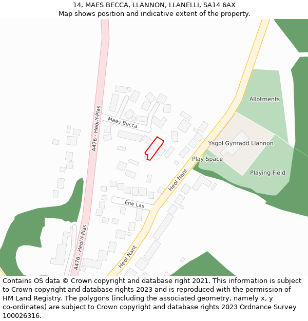 14, MAES BECCA, LLANNON, LLANELLI, SA14 6AX: Location map and indicative extent of plot