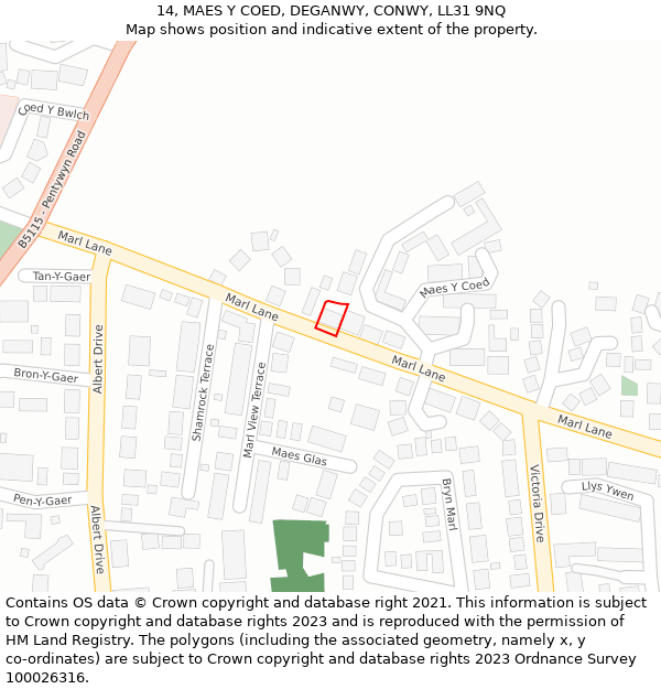 14, MAES Y COED, DEGANWY, CONWY, LL31 9NQ: Location map and indicative extent of plot