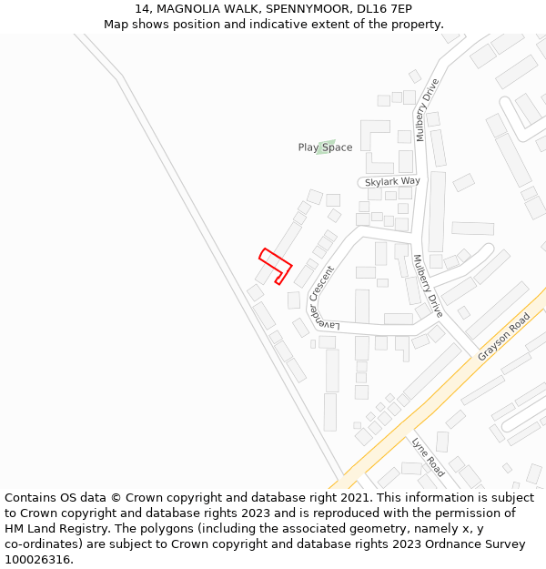 14, MAGNOLIA WALK, SPENNYMOOR, DL16 7EP: Location map and indicative extent of plot