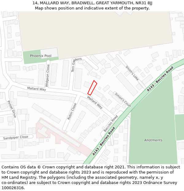 14, MALLARD WAY, BRADWELL, GREAT YARMOUTH, NR31 8JJ: Location map and indicative extent of plot