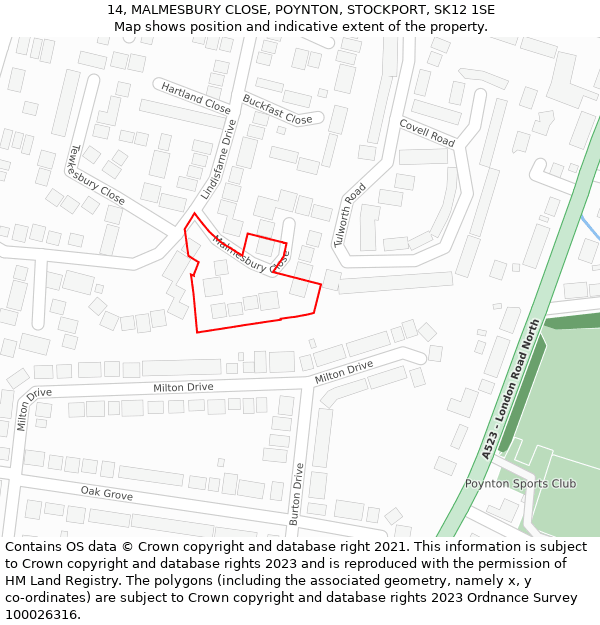 14, MALMESBURY CLOSE, POYNTON, STOCKPORT, SK12 1SE: Location map and indicative extent of plot