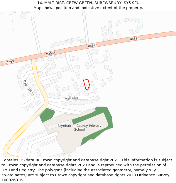 14, MALT RISE, CREW GREEN, SHREWSBURY, SY5 9EU: Location map and indicative extent of plot