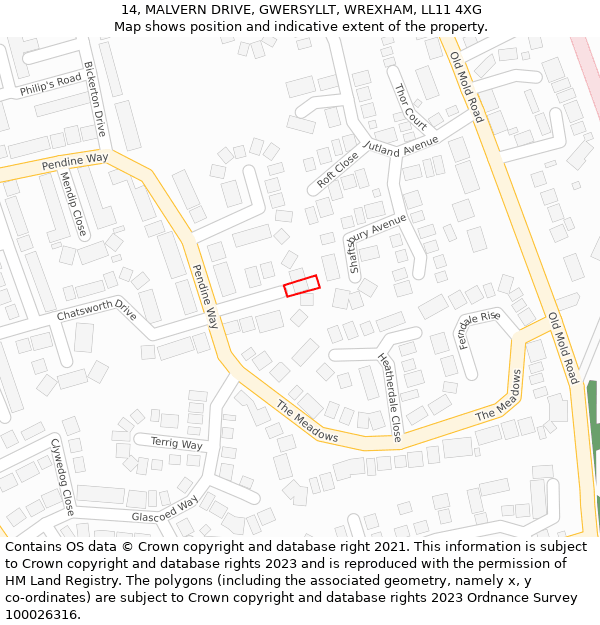 14, MALVERN DRIVE, GWERSYLLT, WREXHAM, LL11 4XG: Location map and indicative extent of plot