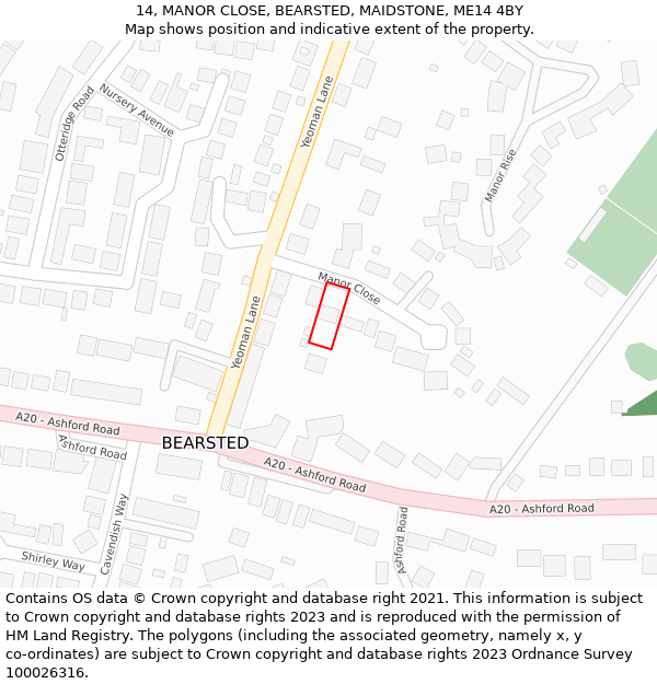 14, MANOR CLOSE, BEARSTED, MAIDSTONE, ME14 4BY: Location map and indicative extent of plot