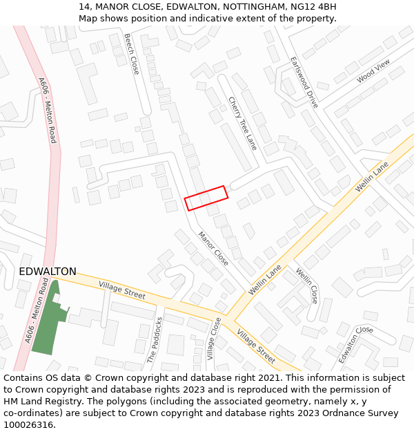 14, MANOR CLOSE, EDWALTON, NOTTINGHAM, NG12 4BH: Location map and indicative extent of plot