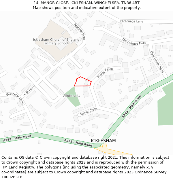 14, MANOR CLOSE, ICKLESHAM, WINCHELSEA, TN36 4BT: Location map and indicative extent of plot